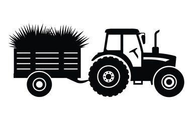 Vector art of silhouette of a tractor with a trailer full of hay