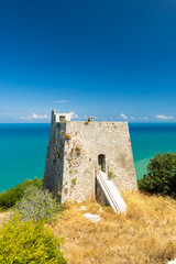 Medieval watchtower overlooking the Adriatic Sea in Peschici, Italy
