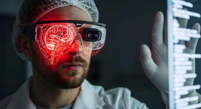 Futuristic neuroscientist in a lab using advanced augmented reality glasses to analyze a glowing red digital brain model. - Powered by Adobe