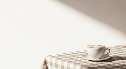 Fototapeta premium Coffee cup on checkered tablecloth in bright indoor setting 