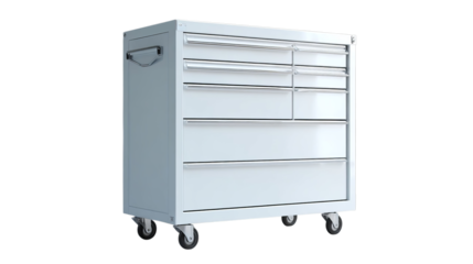 Png of A sleek, modern tool chest on wheels, perfect for organizing tools in a garage or workshop setting.