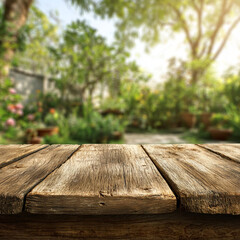 Empty Wooden Table Top with Blurred Garden Background, AI Generation