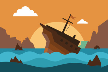 Stylized illustration of a sinking ship listing precariously in choppy blue ocean waves against a warm orange sunset sky with clouds and rocky cliffs