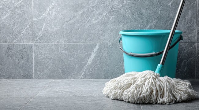 A teal plastic bucket and a fluffy white mop head rest on a grey tiled floor against a matching grey tiled wall, ready for cleaning