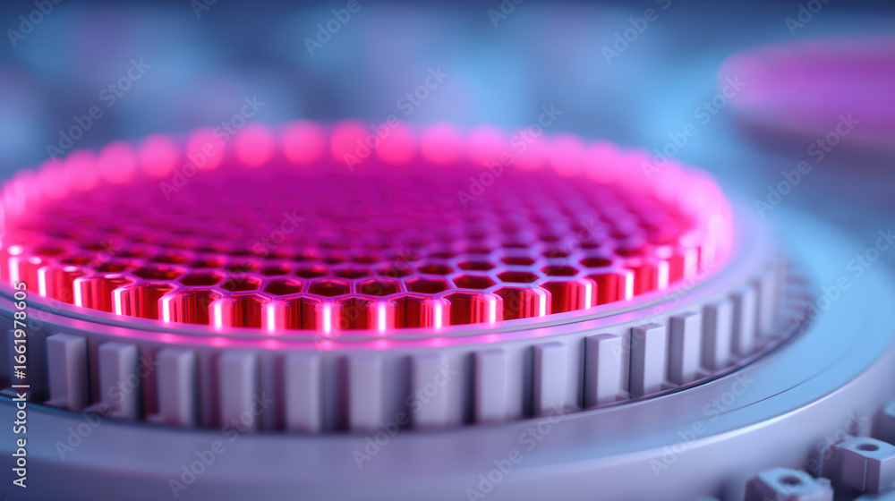 Poster a close-up view of a hexagonal-patterned surface illuminated in pink, featuring a sleek, futuristic 