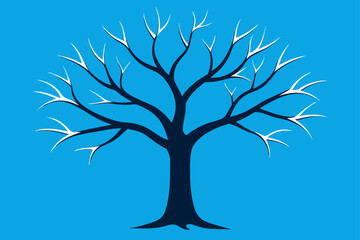 Stylized dark blue tree silhouette with bare white branches against a solid bright blue background
