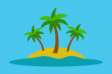Three stylized palm trees stand on a small sandy island surrounded by calm turquoise water under a bright blue sky