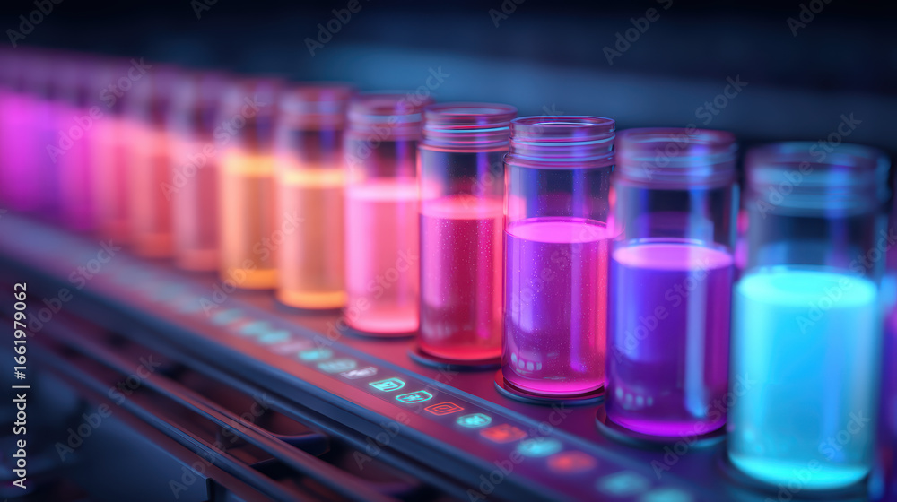 Poster a vibrant array of colorful liquid-filled jars lined up, showcasing various hues in a laboratory set