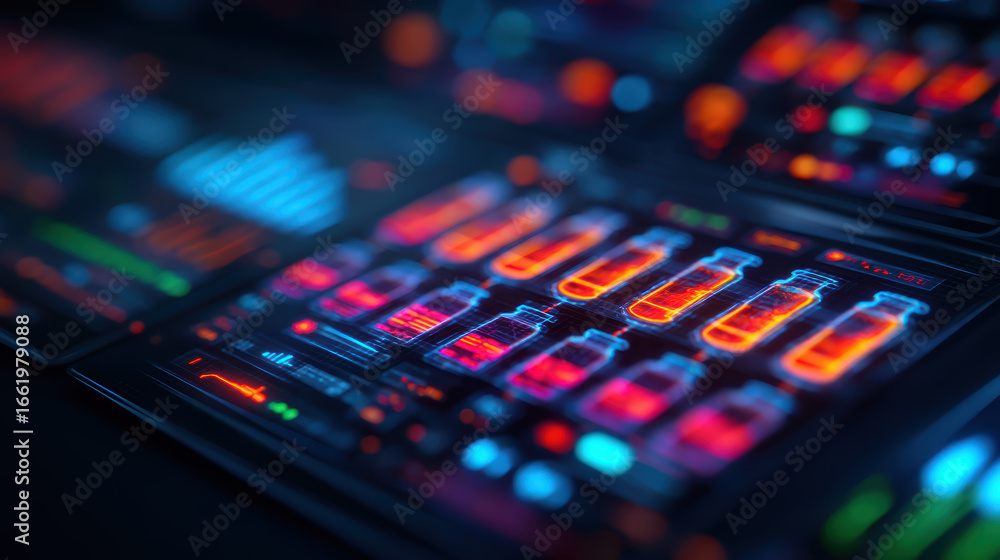Poster a futuristic digital display featuring brightly colored graphics of vials and data, suggesting a foc