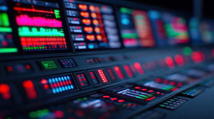 Obraz premium A futuristic control panel with colorful buttons and screens, showcasing a vibrant array of lights and digital displays in a dark environment.