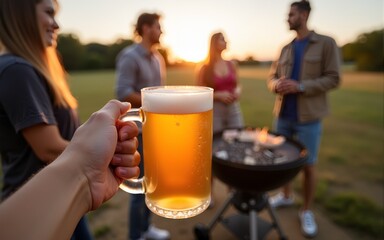 Hand holding a frosty beer mug with friends grilling outdoors in the background. High quality