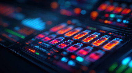 Obraz premium A futuristic digital display featuring brightly colored graphics of vials and data, suggesting a focus on science, technology, or healthcare.