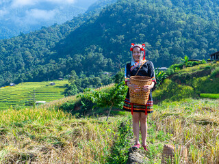 Happy female farmer from ethnic group working in rice field, representing cultural diversity,...