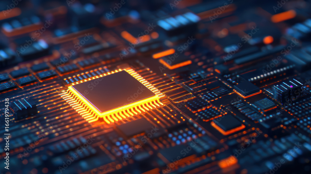 Poster a high-tech close-up of a glowing microchip on a circuit board, showcasing intricate electronic comp