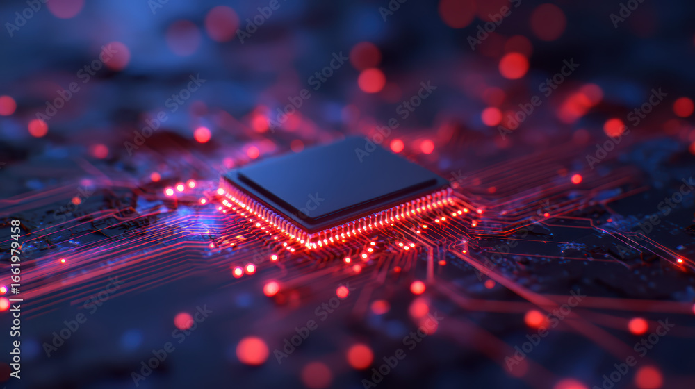 Aufkleber a close-up view of a microchip surrounded by glowing red circuits, symbolizing technology and innova
