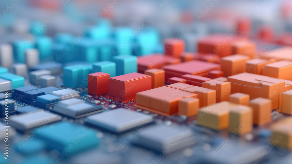 Poster a vibrant, abstract representation of a digital landscape with colorful geometric shapes, suggesting