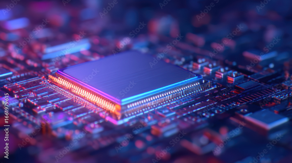 Aufkleber a close-up view of a computer chip on a circuit board with vibrant colors and intricate details, sho