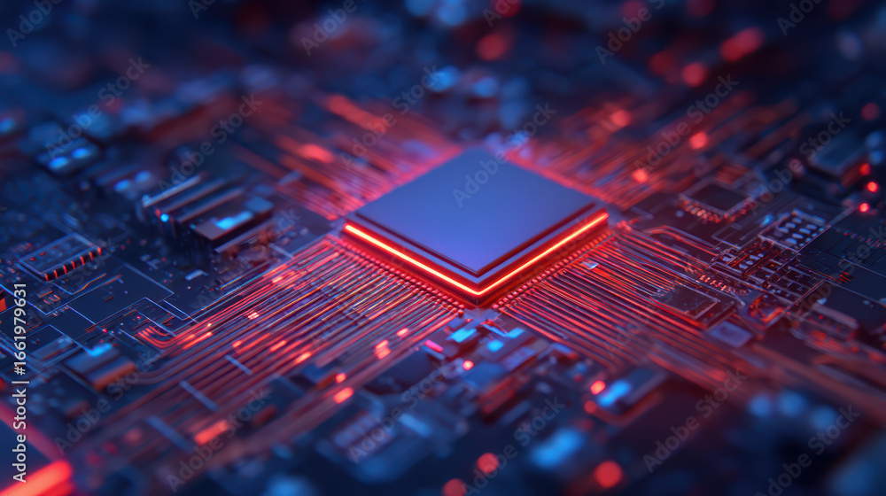 Poster an intricate close-up of a computer processor on a circuit board, showcasing vibrant red and blue li