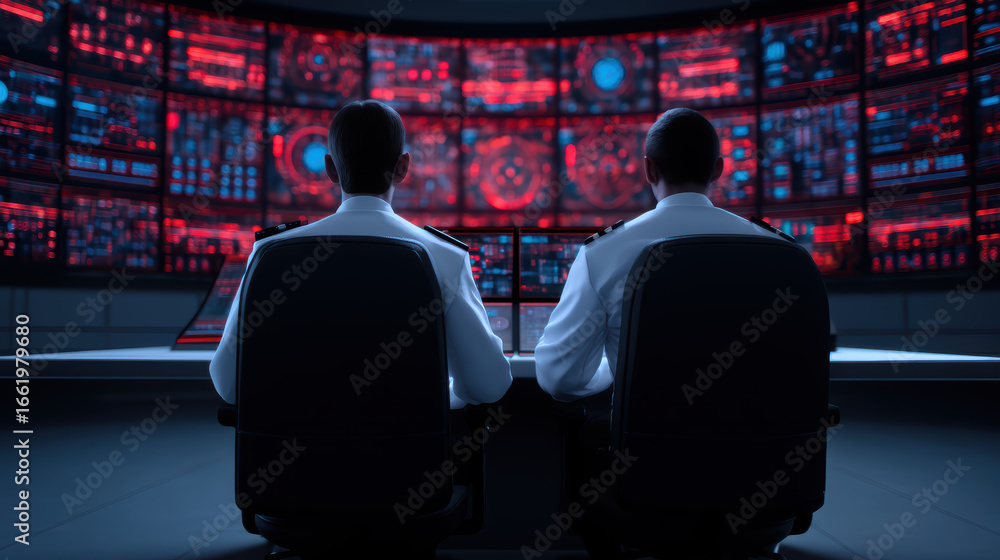 Poster two individuals in uniforms are seated in front of a high-tech control screen, displaying vibrant re