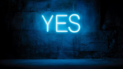 A glowing blue neon "YES" sign flickers on a textured dark wall, casting an atmospheric light in the low-lit room and adding to the bold, modern vibe.