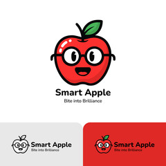 Vector logo of red apple with glasses and smiling face – education and health concept