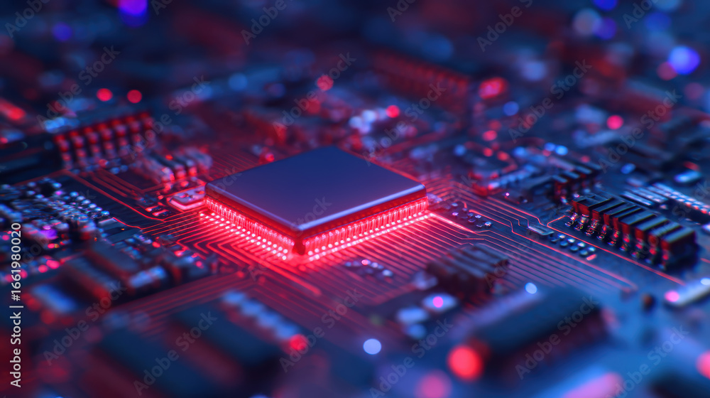 Aufkleber a close-up view of a vibrant microchip on a circuit board, illuminated by red and blue lights, showc