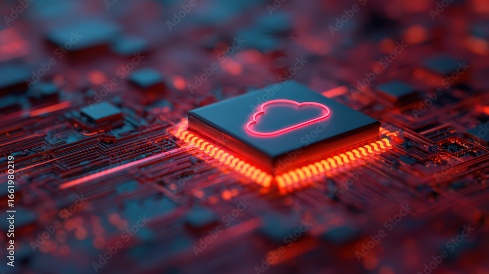 Poster a close-up of a circuit board featuring a glowing red cloud symbol, representing technology and clou