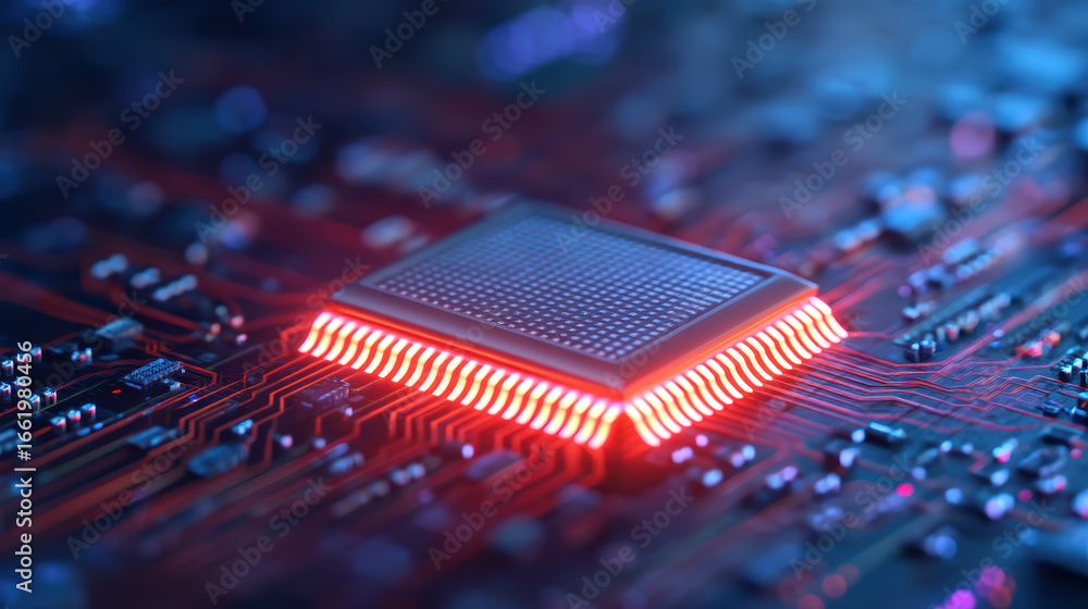 Poster a close-up of a glowing microchip on a circuit board, showcasing intricate details and vibrant red a
