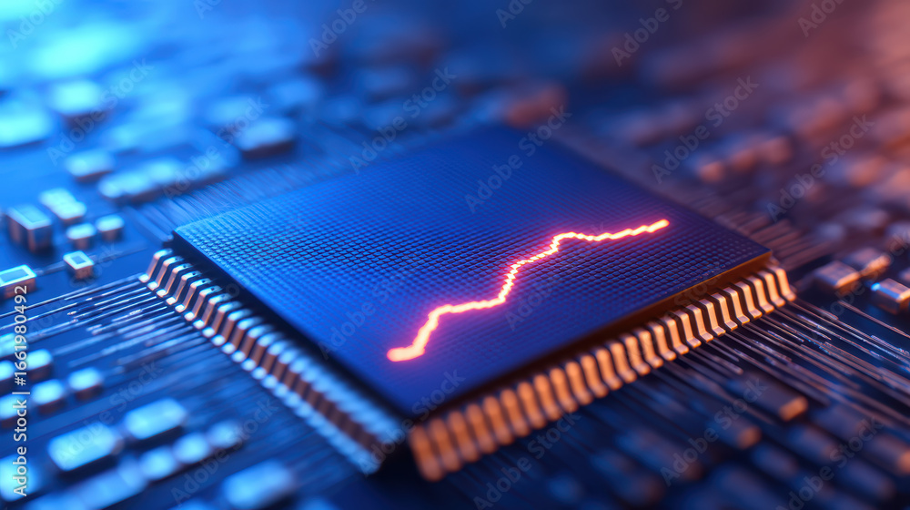 Poster a close-up of a microchip with intricate circuitry and a glowing graph line, symbolizing technology 