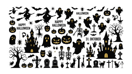 Halloween silhouettes: A spooky collection of Halloween themed silhouettes, including ghosts, pumpkins, witches, bats, haunted houses, tombstones, and skeletons.