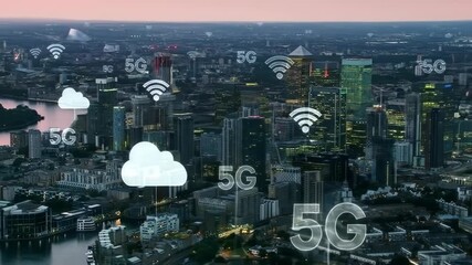 City skyline overlaid with 5G and cloud computing icons - Powered by Adobe