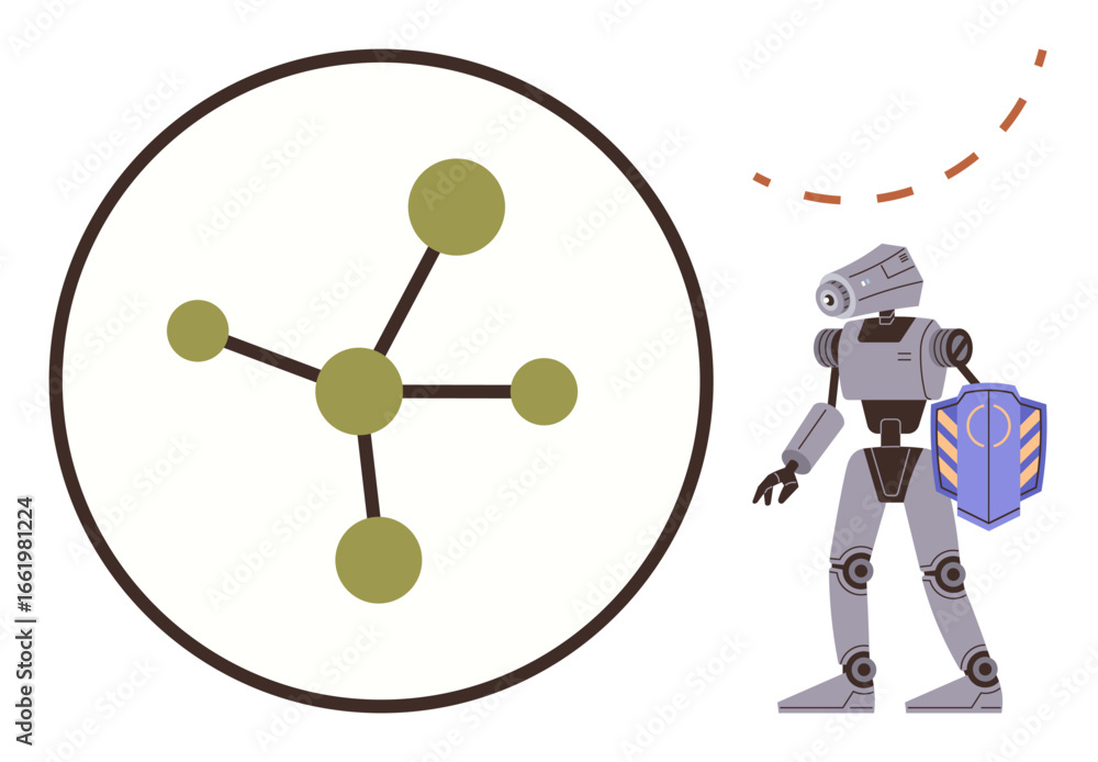 Poster robot standing next to a simple network node graph with shield, suggesting security, tech evolution,