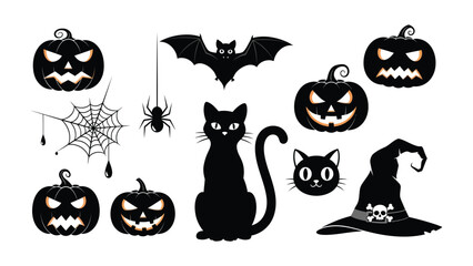 Halloween Silhouettes: A collection of spooky, eerie, and fun Halloween-themed silhouettes in various forms, including pumpkins, bats, cats, spiderwebs, and a witch's hat.
