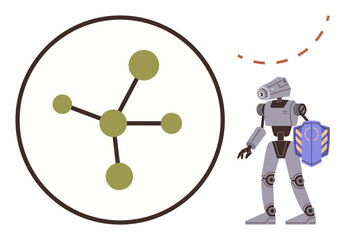 Robot standing next to a simple network node graph with shield, suggesting security, tech evolution, or connectivity. Ideal for technology, AI, cybersecurity, innovation, future trends system