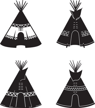 Four native american teepee tents in a silhouette style isolated on white background