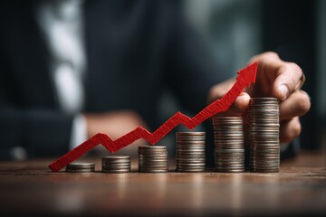 Financial growth trend represented by coins and a rising graph in a professional setting during daytime