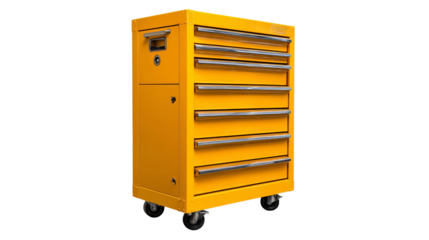 Png of A vibrant yellow tool chest with six drawers, showcasing a sleek design and mobile functionality.