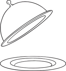 A set of elegant, hand-drawn vector illustrations of a classic serving platter with a dome lid. One design shows the lid lifted, while the other features a hand holding the dish. Ideal for menus.