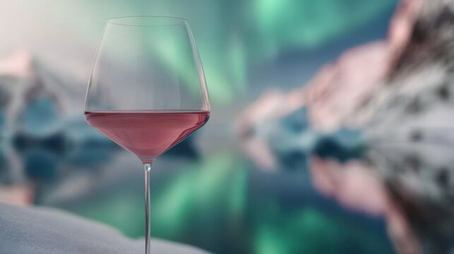 Elegant wine glass with rosé against striking aurora borealis in arctic landscape - Powered by Adobe
