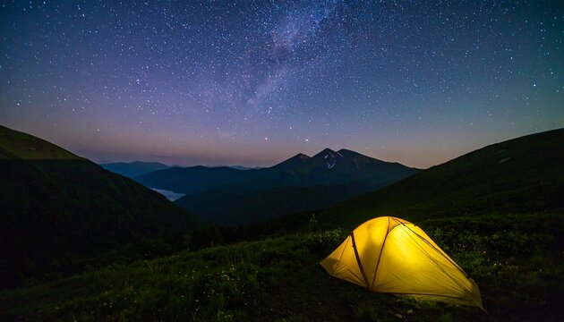 Illuminated tent nestled in a mountain valley under a starlit night sky