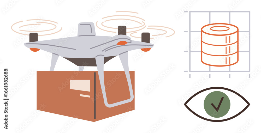 Poster flying drone delivering box symbolizes automation, logistics. includes data analysis chart, security