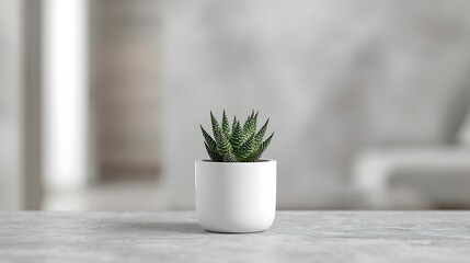 A close up shot of a small succulent plant in a white pot sitting on a marble surface with a blurred background