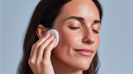 Hand applying toner to facial skin with a cotton pad in a serene indoor setting