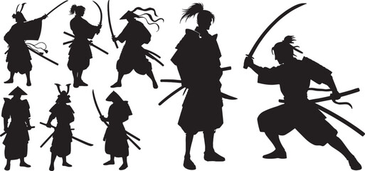 samurai warriors in different poses silhouette set, Samurai warrior silhouette, Japanese martial arts warrior silhouette vector 