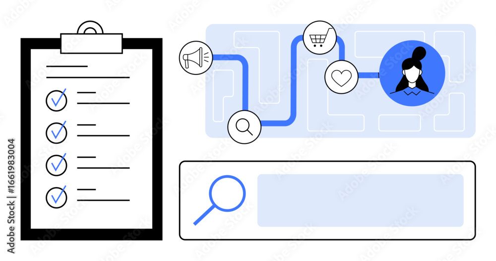 Poster clipboard checklist, process map with icons, search magnifier. ideal for workflow management, custom