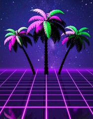 Naklejka premium Retro palm trees on a gridded night sky