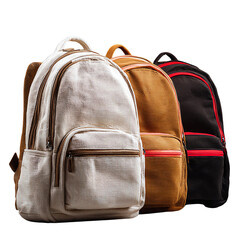 Element Isolated Transparent Back-to-School Isolated Product Shot Three stylish backpacks on white background. PNG DIE-CUT for advertising