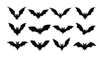 Shadow Flight: A monochrome panorama of twelve bat silhouettes against the light, perfect for Halloween and the thrill of the night.