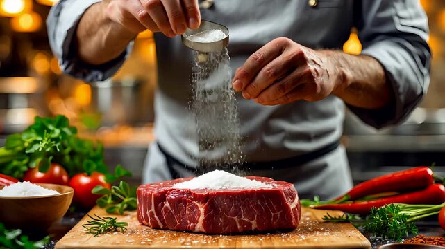 Close up of chef seasoning raw steak with salt on wooden board surrounded by vegetables herbs and kitchen tools