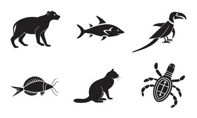 Collection of diverse animal silhouettes in black and white